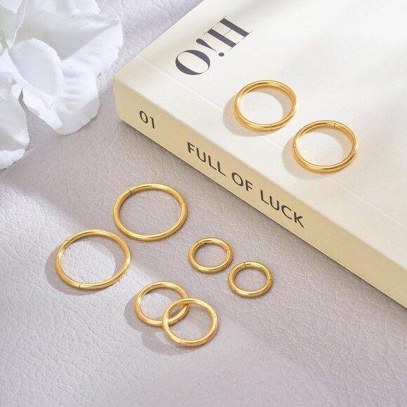 8Pcs Gold Stainless Steel Hinged Clicker Septum & Piercing Hoops for Women Men, - Picture 5 of 8